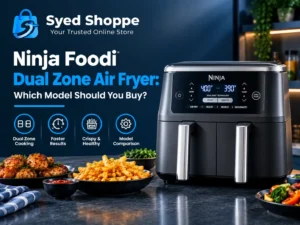Four double air fryer models from Ninja lined up on a bright kitchen counter for a size comparison