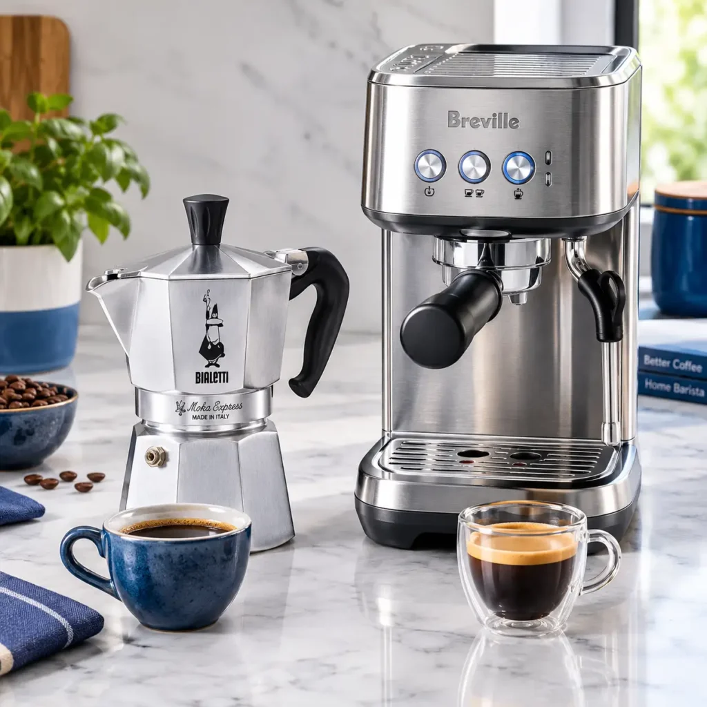 Espresso maker vs espresso machine: Bialetti Moka Express and Breville Bambino on a kitchen counter