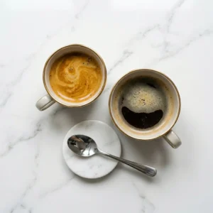 Espresso shot with thick golden crema next to a cup of moka pot coffee