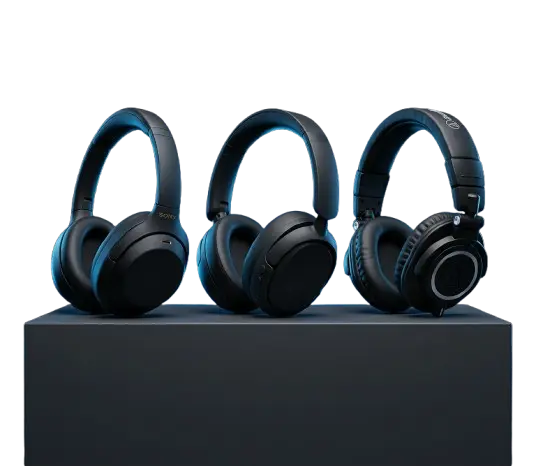 Head phones illustration: over-ear headphones with sound waves on both sides