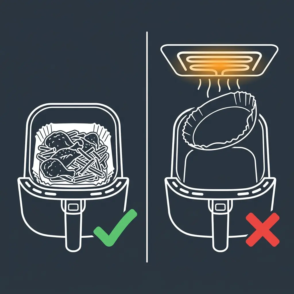 Diagram showing air fryer liners weighed down by food versus a loose liner near the heating element