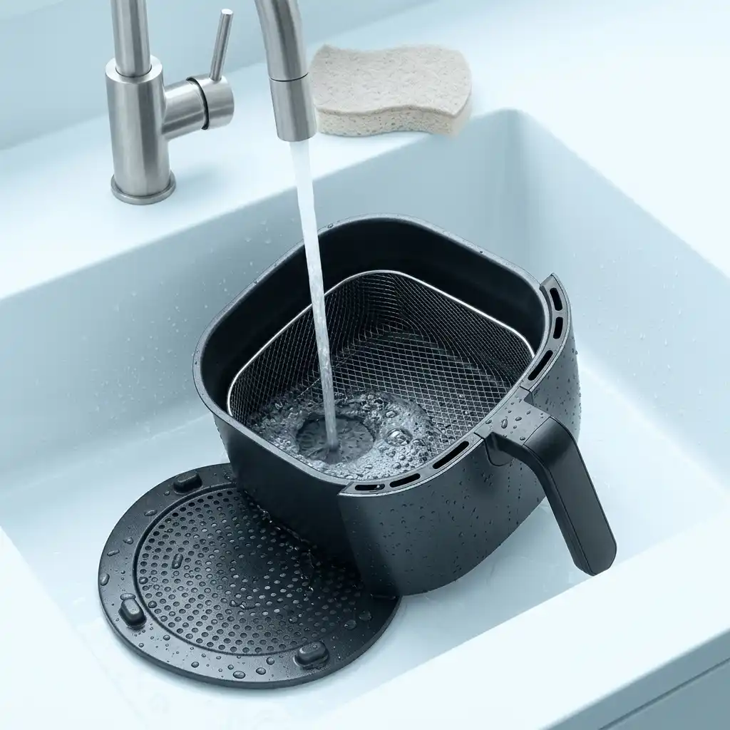 Instant Vortex Plus 6 quart air fryer cleaning image with an air fryer basket and tray being rinsed under a tap