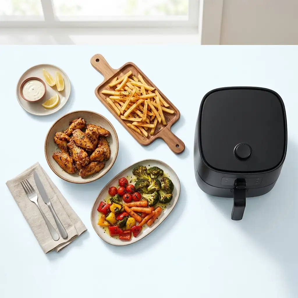 Instant Vortex Plus 6 quart air fryer image of a family-sized meal cooked in a six-quart air fryer
