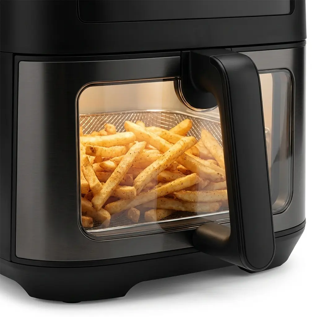 Instant Vortex Plus 6 quart air fryer results image showing golden fries seen through the air fryer window