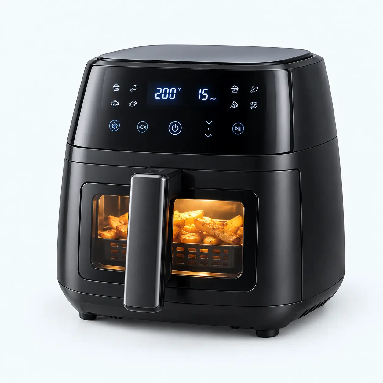 Instant Vortex Plus 6 quart air fryer product photo of the black air fryer with its ClearCook window and touch controls