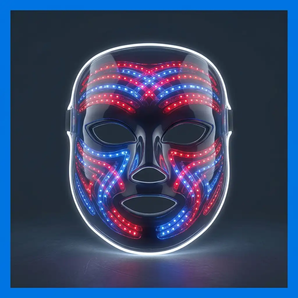 Glowing mask on a dark background showing LED face mask at a glance