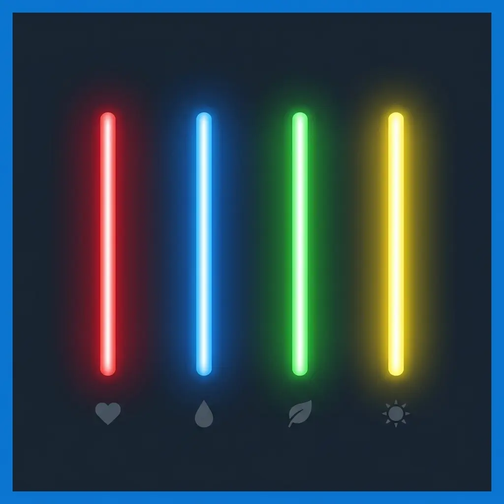 Four glowing light beams showing mask colors