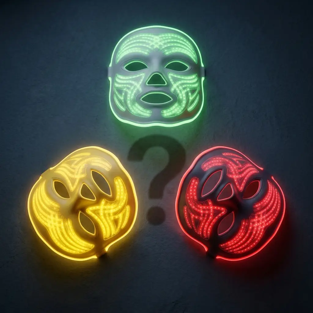 Green, yellow, and near-infrared lights show thinner LED face mask benefits on a dark background