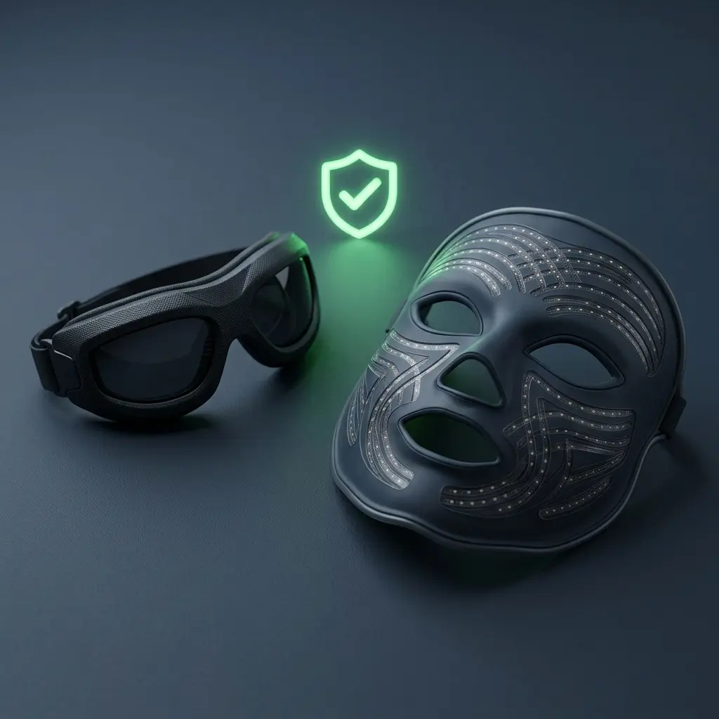 Blackout goggles beside an LED mask highlighting safety with LED face mask benefits