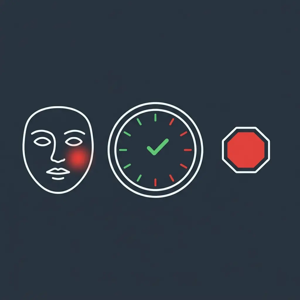 LED face mask therapy side effects guide with a timer and stop sign
