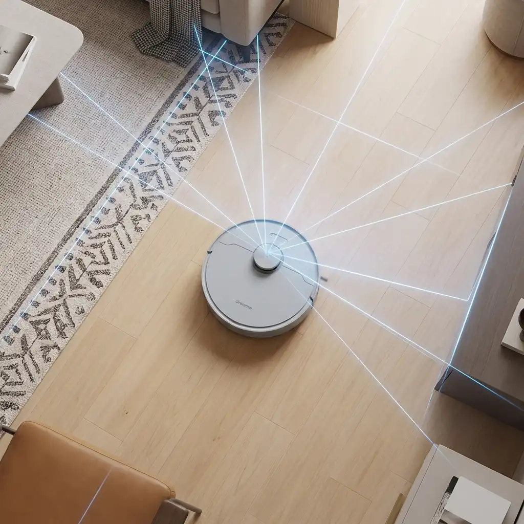LiDAR robot vacuum scanning a room to build a map