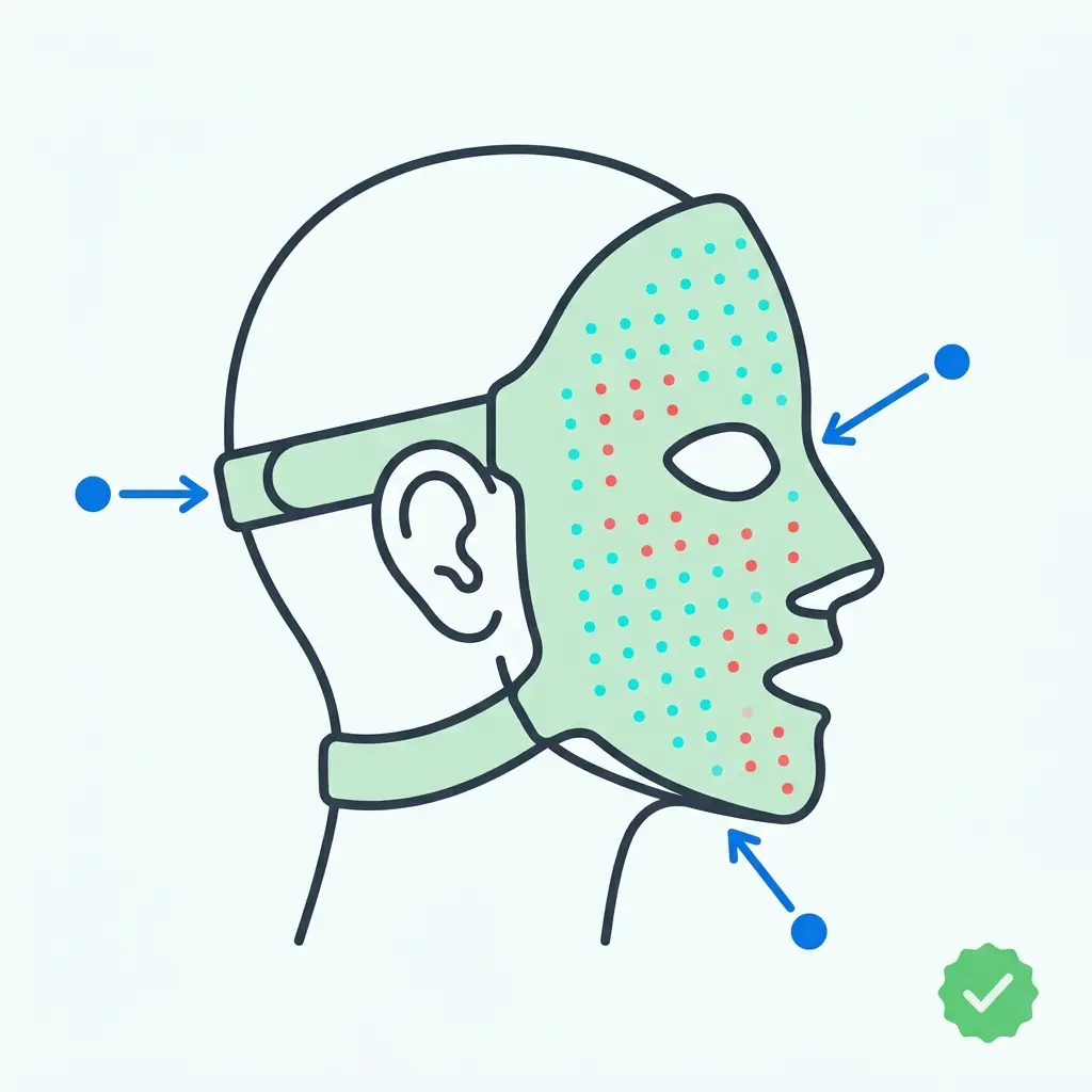 Fit checkpoints for the Nanoleaf face mask review showing strap, eye cups, and jaw