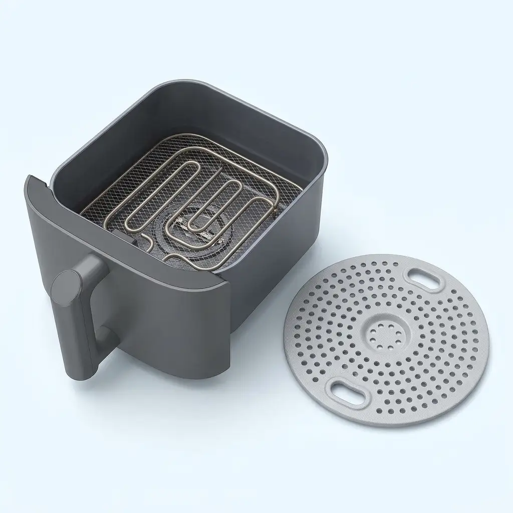 Ninja DoubleStack XL review close-up of a ceramic-coated crisper plate and removable air fryer drawer