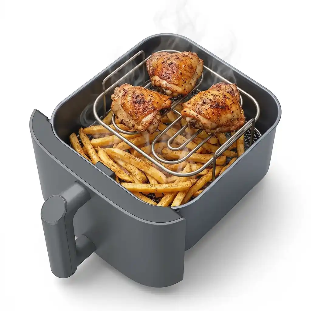 Ninja DoubleStack XL review results image showing crispy fries and chicken on stacked cooking levels