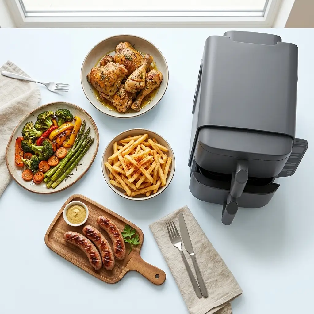 Ninja DoubleStack XL review image of a large family dinner with several dishes cooked in a stacked air fryer
