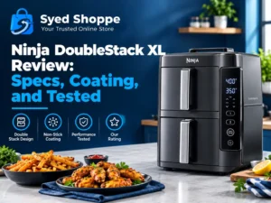 Ninja DoubleStack XL review featured image showing a tall stacked two-drawer air fryer on a kitchen counter