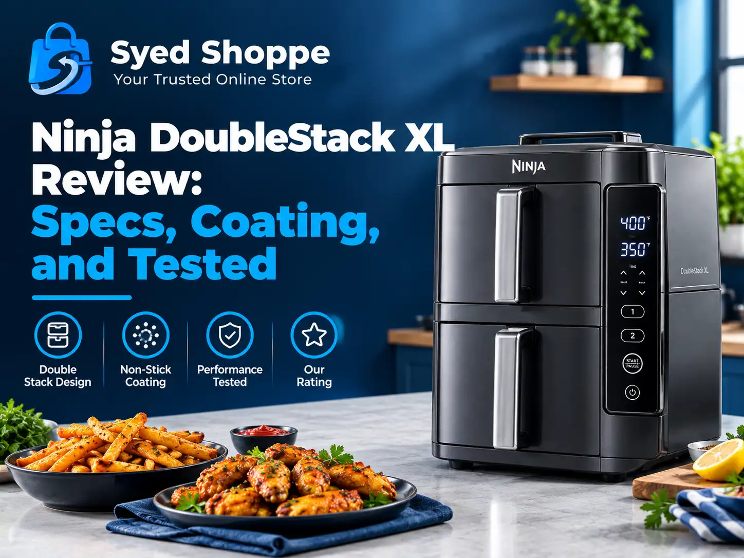 Ninja DoubleStack XL review featured image showing a tall stacked two-drawer air fryer on a kitchen counter
