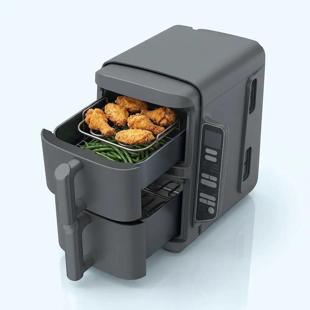 Ninja DoubleStack XL review product photo of the two-drawer stacked air fryer with the top drawer open