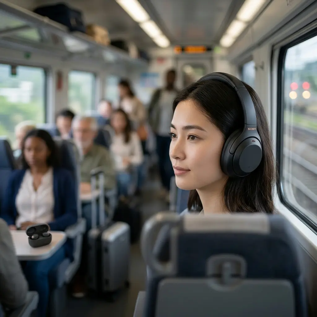 Over-ear headphones with red noise waves outside and a flat green line showing cancelled noise