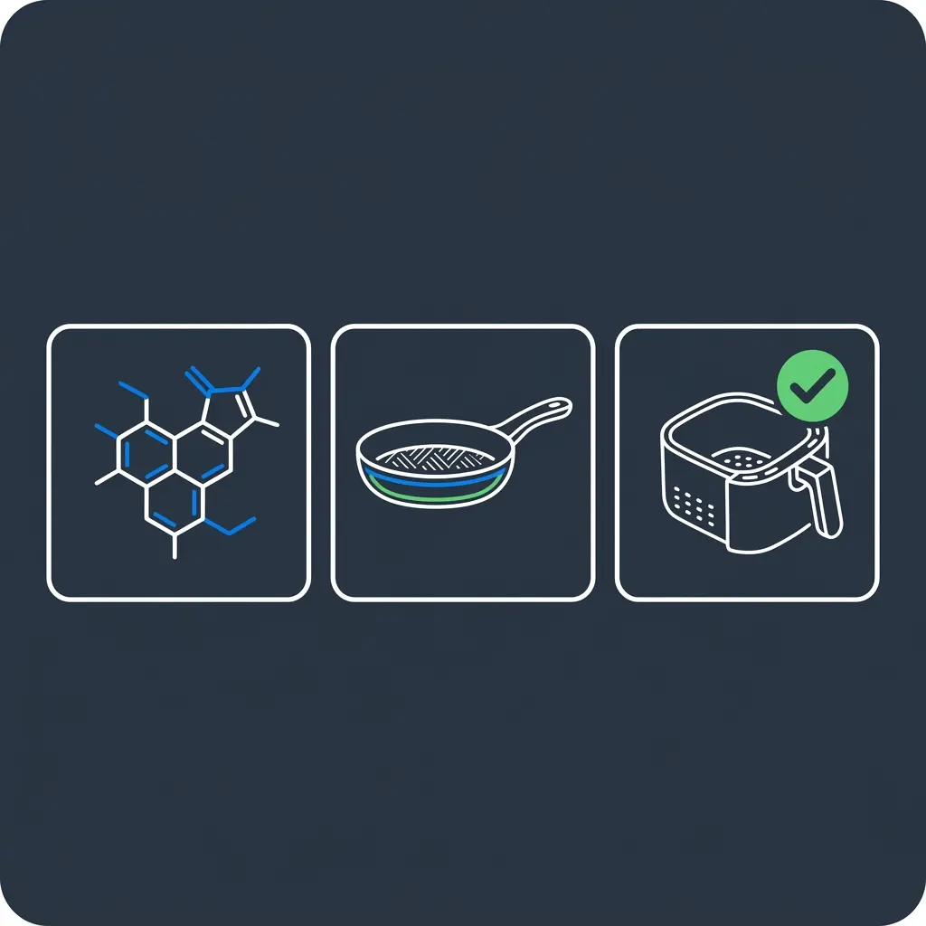 Infographic explaining PFAS, PTFE, and ceramic coatings to help choose a non toxic air fryer