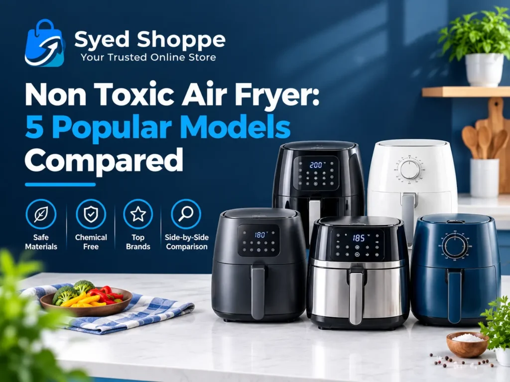 Five popular air fryer models lined up in a bright kitchen for a non toxic air fryer comparison