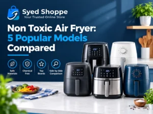 Five popular air fryer models lined up in a bright kitchen for a non toxic air fryer comparison