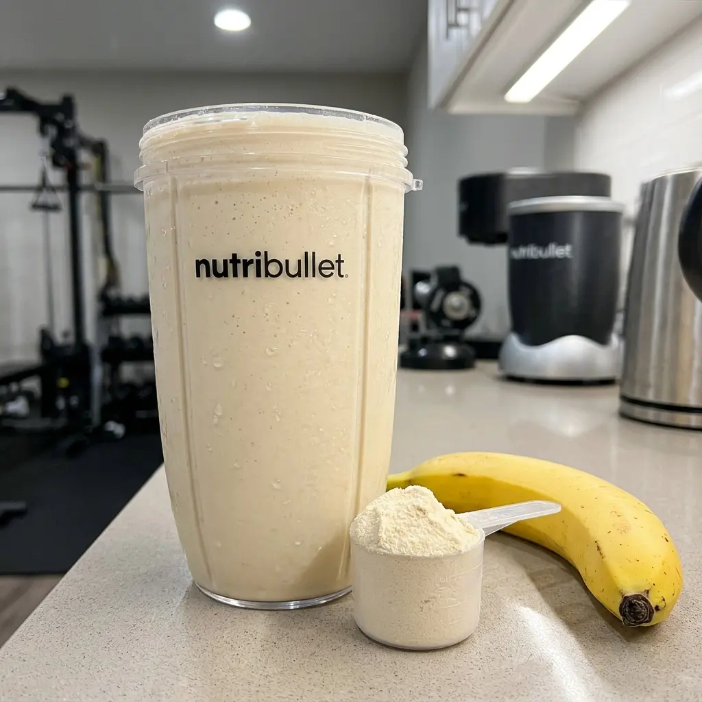 Protein shake made in a personal blender with a scoop of powder