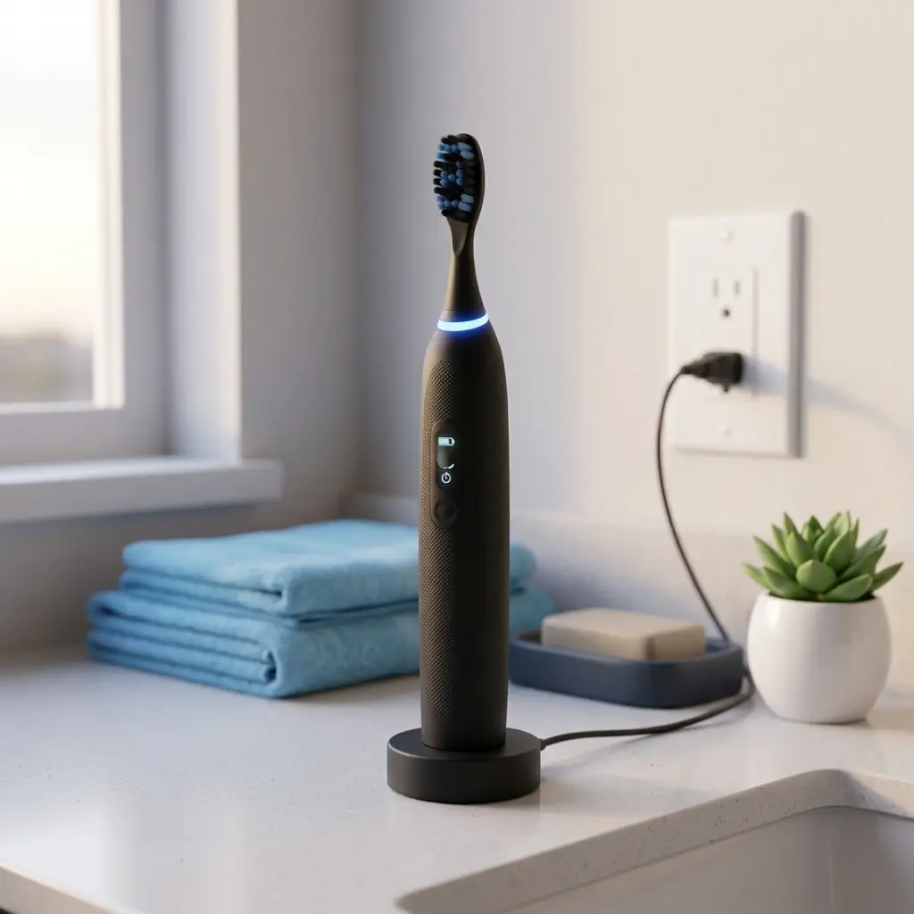 Oral-B iO Series 7 toothbrush charging on its magnetic stand