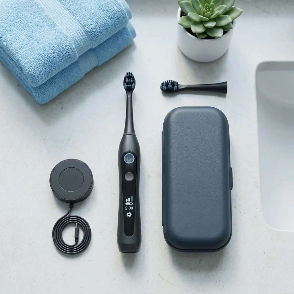 Oral-B iO Series 7 handle, magnetic charging stand, and travel case