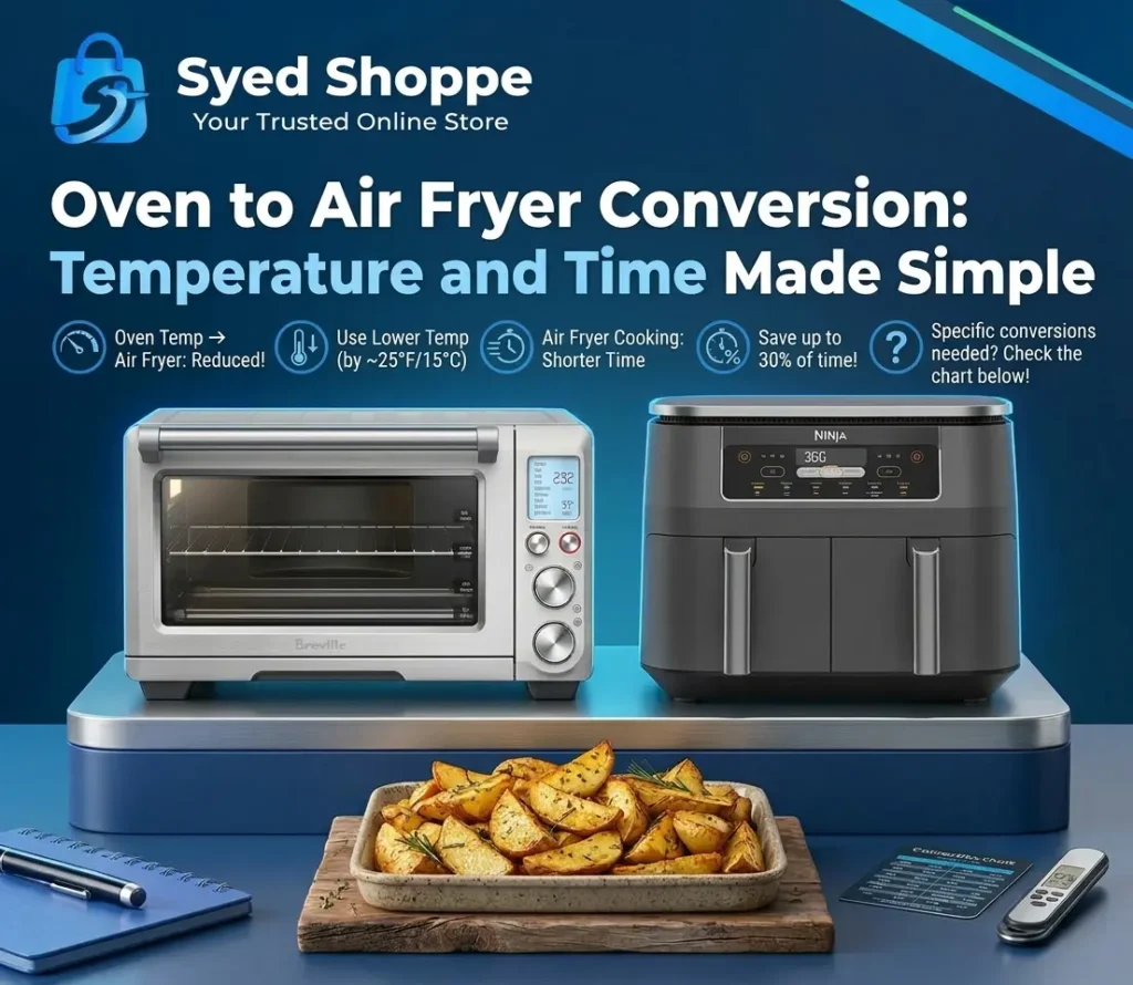 Oven to air fryer conversion illustration: dual-basket air fryer and air fryer oven with potato wedges
