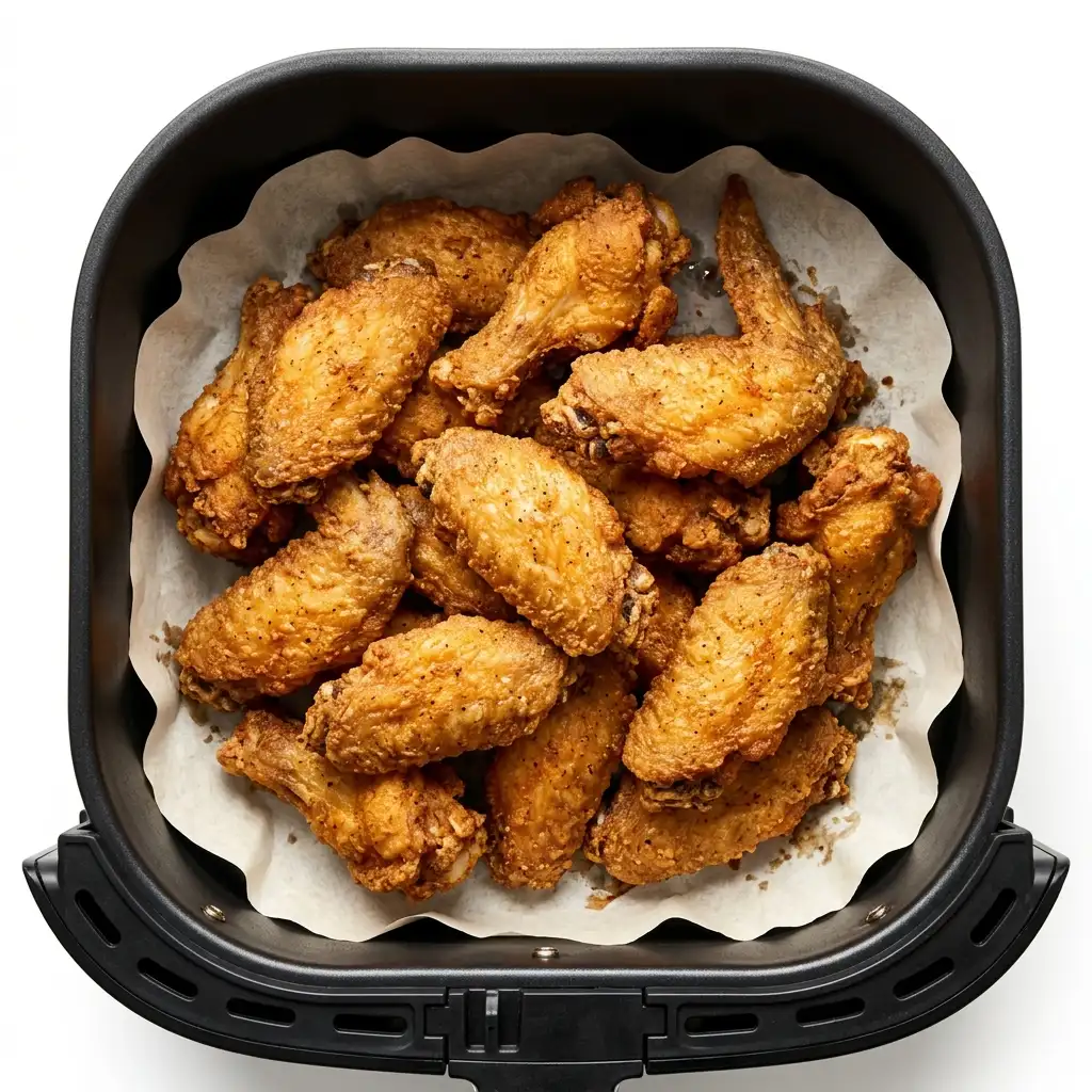 Parchment air fryer liners in a basket with crispy chicken wings weighing the paper down