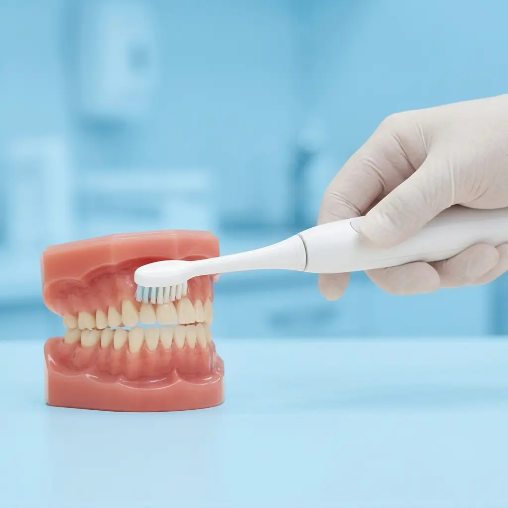 Hand holding the Philips Sonicare DiamondClean toothbrush against a jaw model