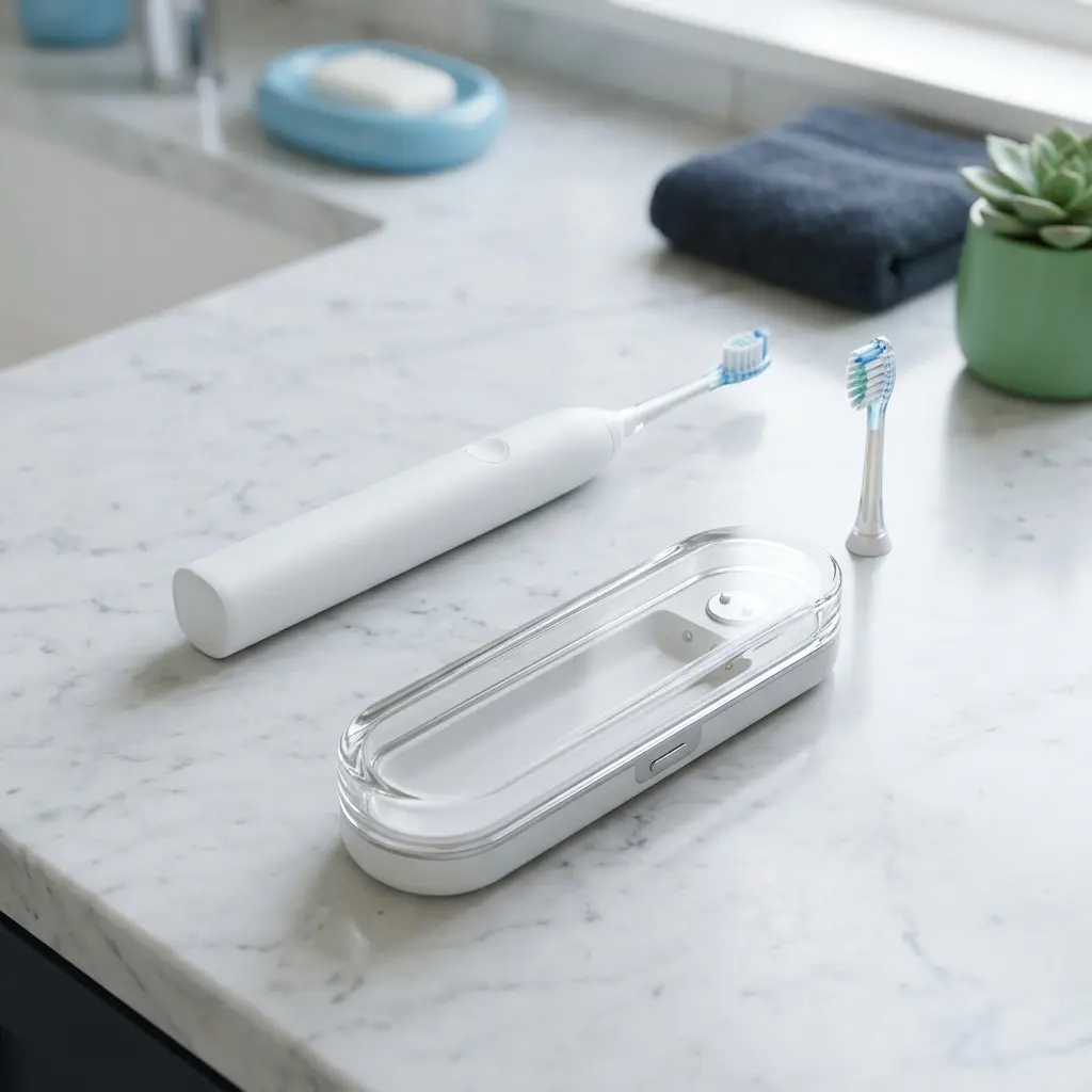 Philips Sonicare DiamondClean handle beside its glass charging travel case