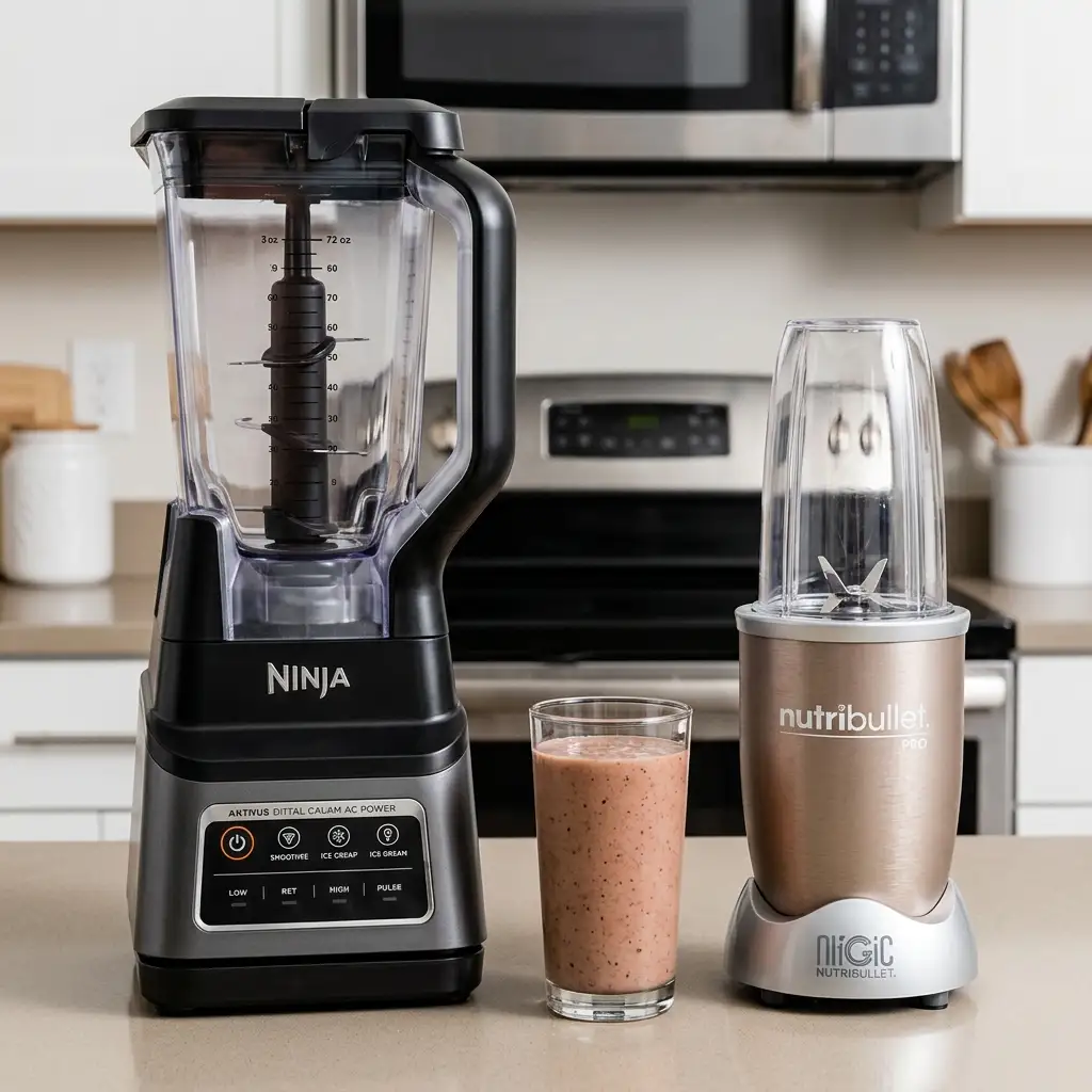 Large pitcher blender beside a personal blender cup with a smoothie