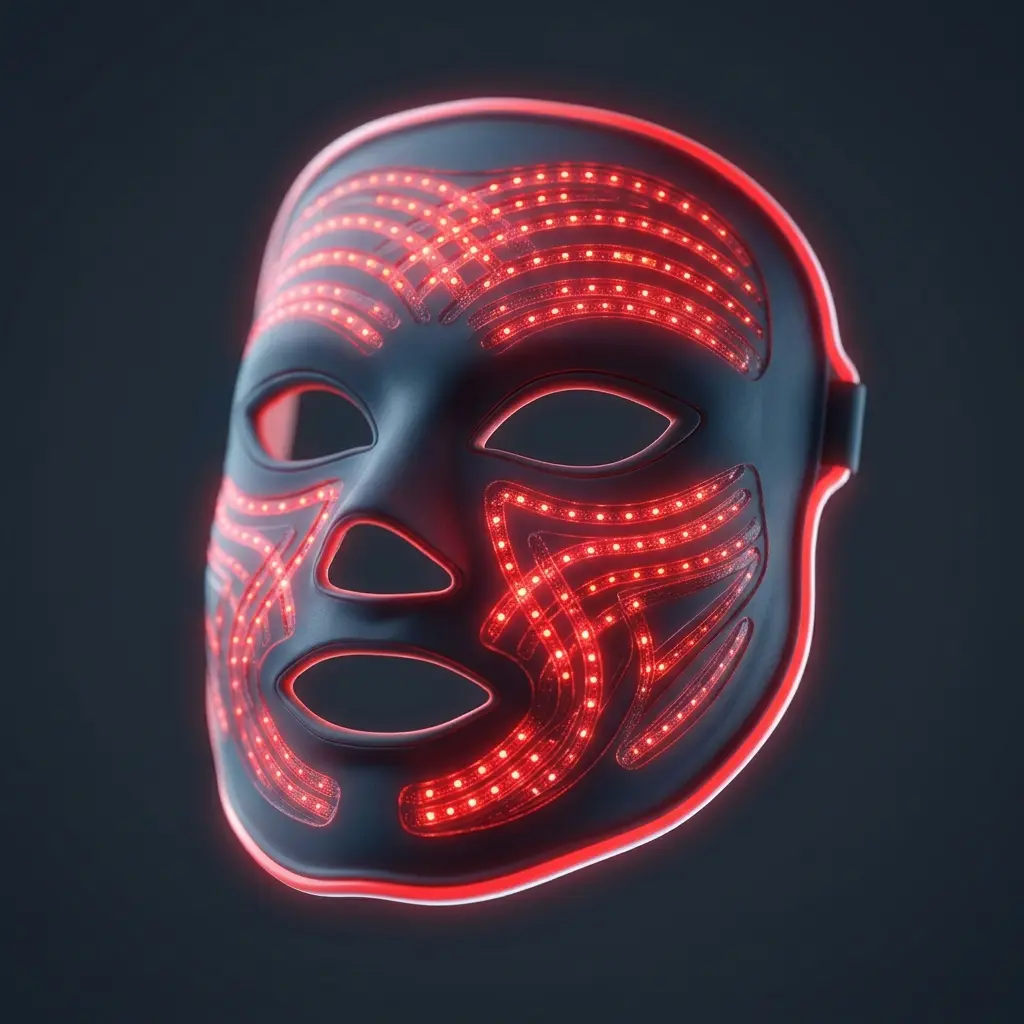 Red light LED face mask shown with a glowing red mask on a dark background