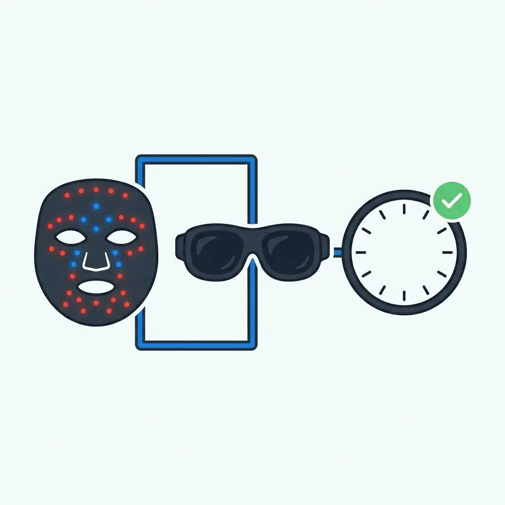 face mask therapy setup with mask, goggles, and timer on a light background