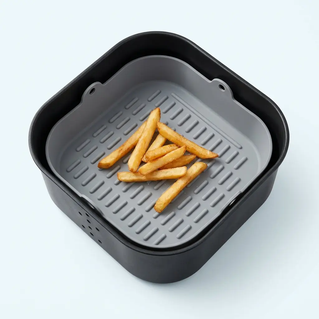 Reusable silicone air fryer liners with raised ridges inside a square air fryer basket