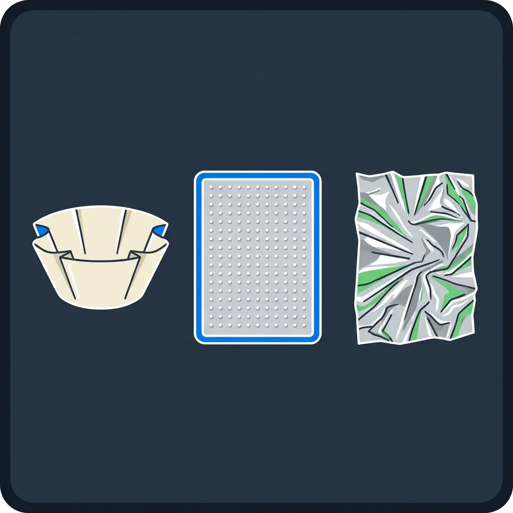 Three types of air fryer liners: parchment bowl, silicone mat, and aluminum foil sheet on a dark surface