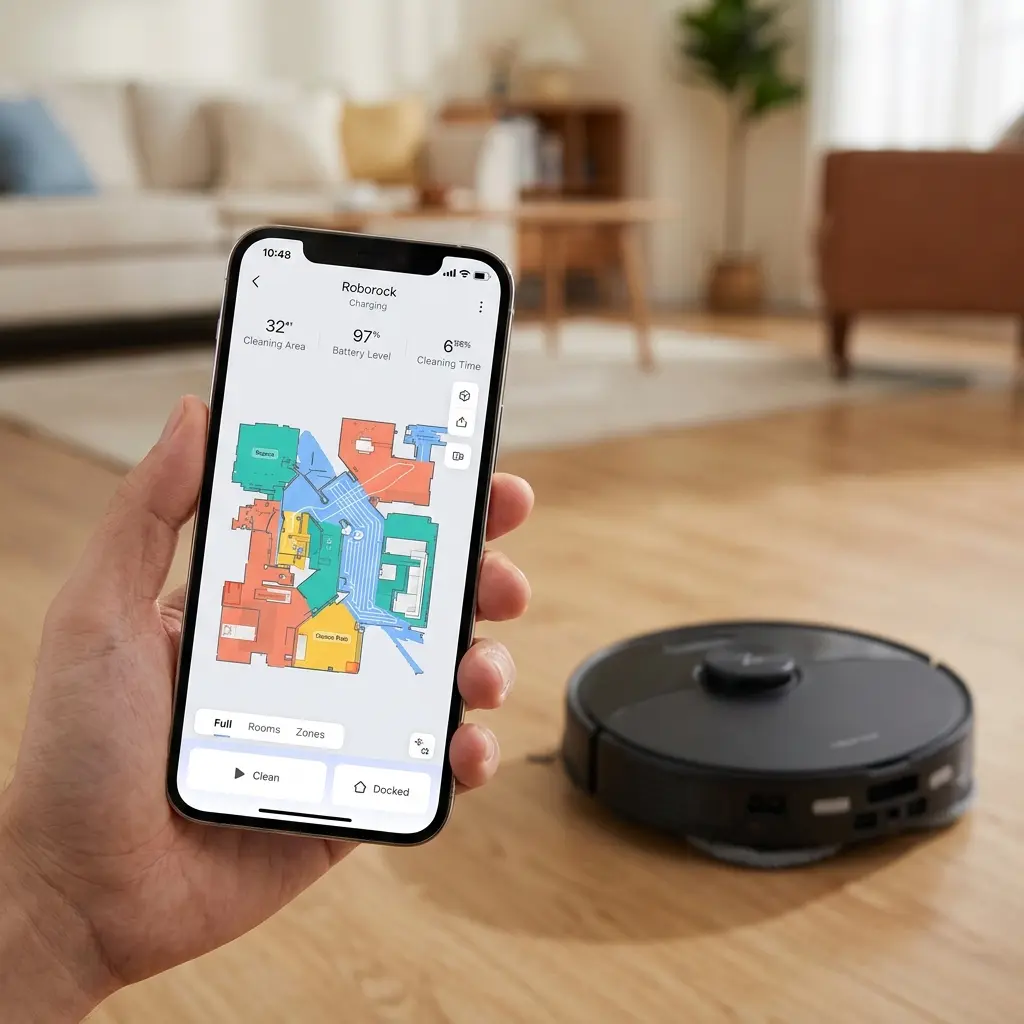 Phone showing a floor map and cleaning path for a wi fi connected robot vacuum