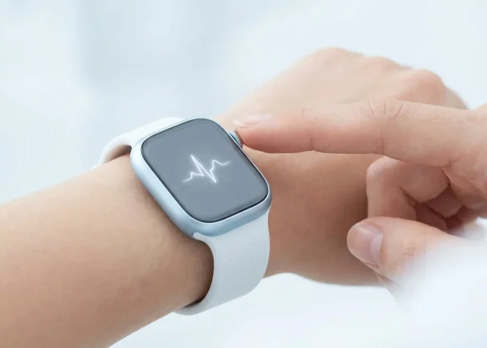 A-close-up-of-a-finger-resting-on-the-crownside button of a smartwatch