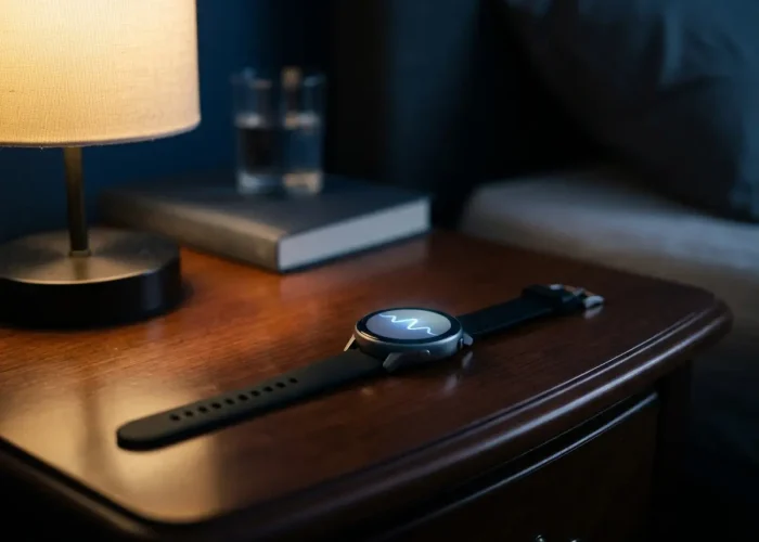 A generic smartwatch resting face-up on a nightstand beside a dimly lit bedroom lamp