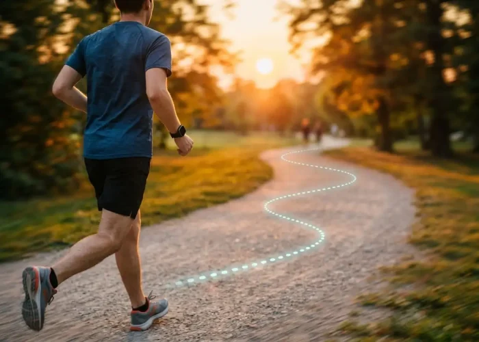 A-person-jogging-on-an-outdoor-park-path-at-golden-hour wearing a plain smartwatch on their wrist