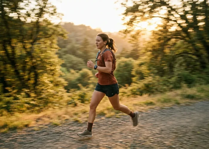A person jogging outdoors at golden hour wearing a square-face Apple SE 3 smartwatch