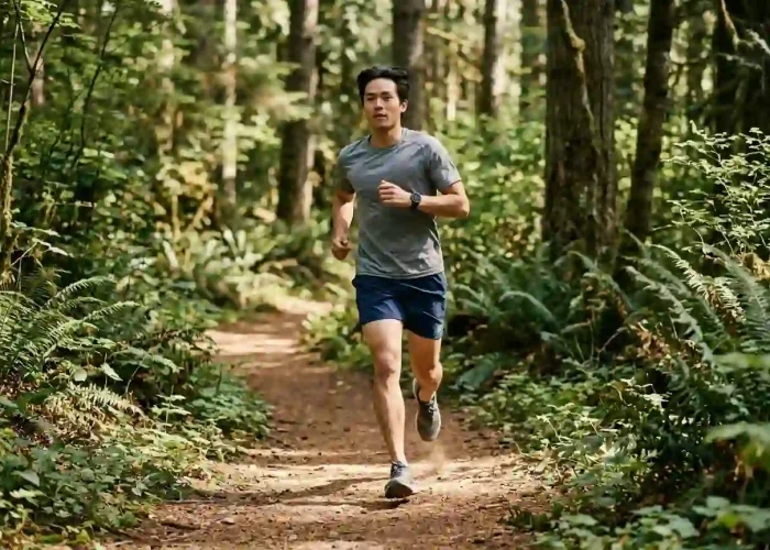 A-person-running-alone-on-a-forest-trail-wearing-only-a-smartwatch