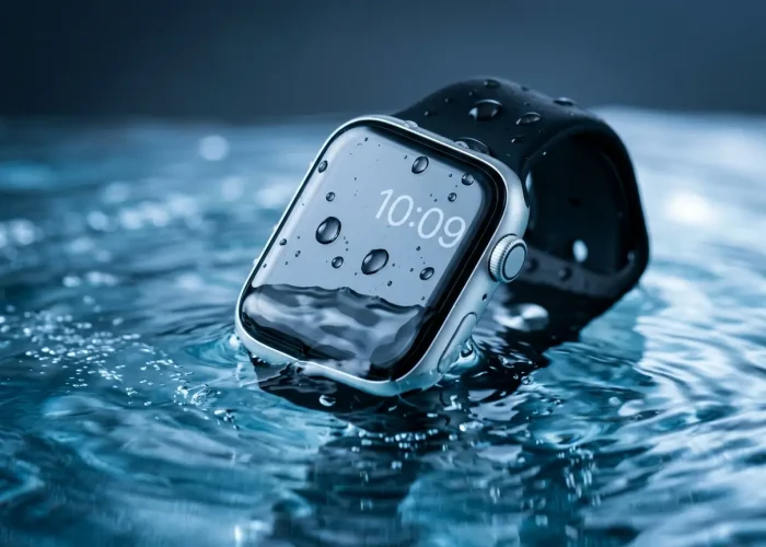 Apple SE 3 smartwatch partially submerged in clear water with visible droplets