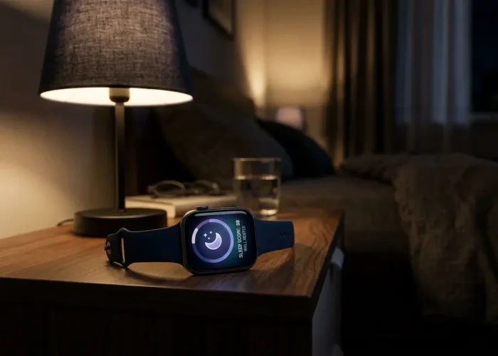 Apple SE 3 smartwatch resting on a nightstand