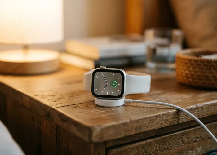 Apple SE 3 smartwatch sitting on a small round magnetic charging puck