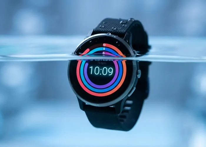 a round smartwatch partially submerged in clear water with visible droplets