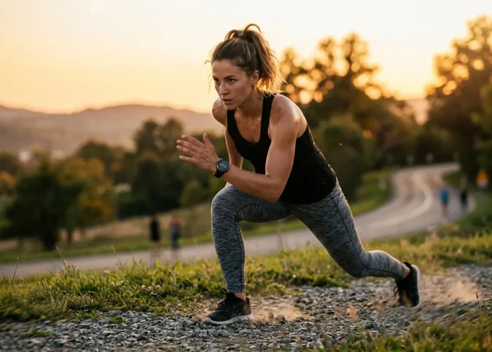 a woman doing an outdoor workout at golden hour wearing a round smartwatch
