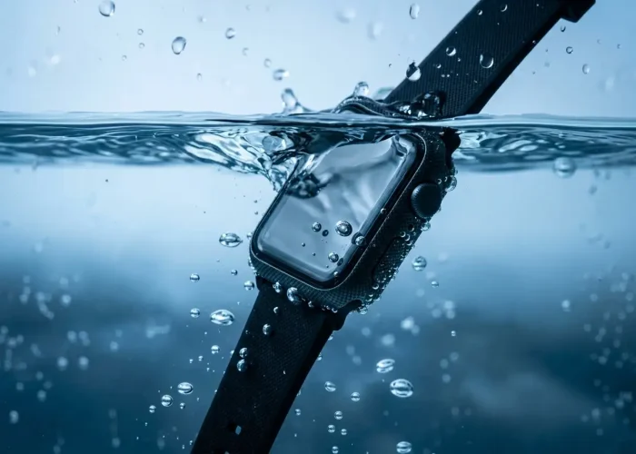 smartwatch partially submerged in clear water